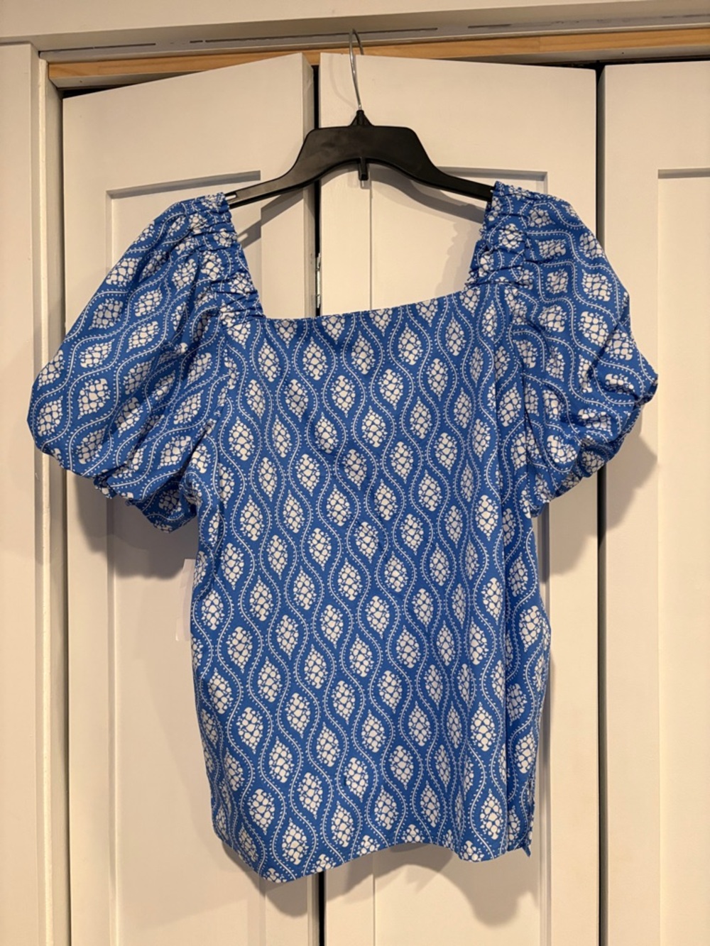 CeCe Blue Geometric Puff-Sleeve Square Neck Blouse - Picture 6 of 8